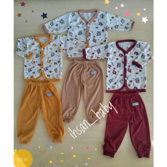 paket hemat baju/celana bayi putih motif arsel kombinasi WARNA TUA isi 9 setel(18 pcs)