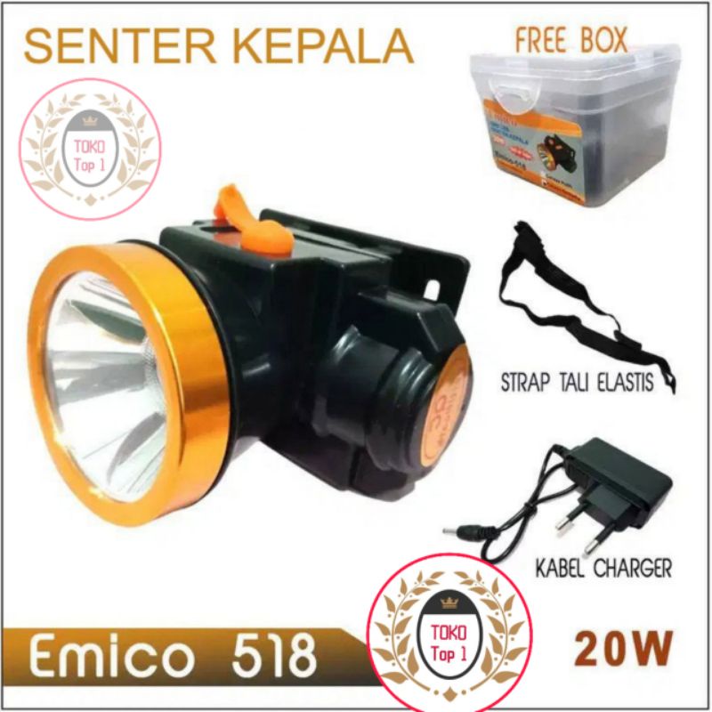 senter kepala led 20w 518 emico cahaya putih /super led