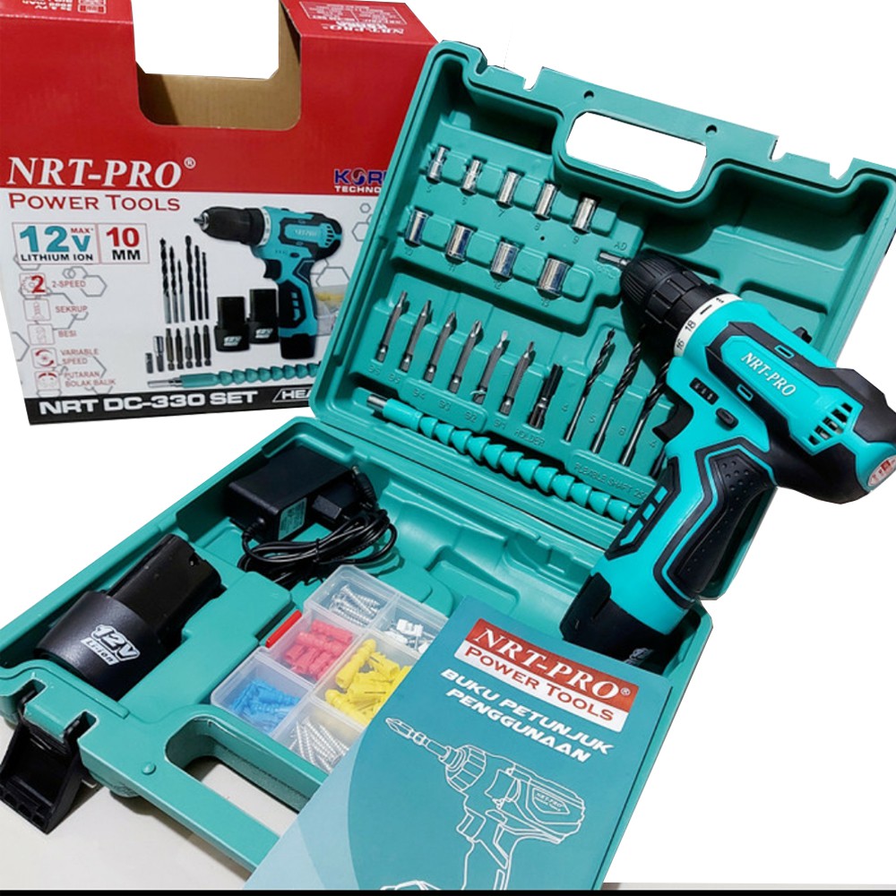 NEW PROMO !!! BOR CORDLESS BATRE BATERAI NRT PRO DC 330 SET MESIN BOR CAS NRT