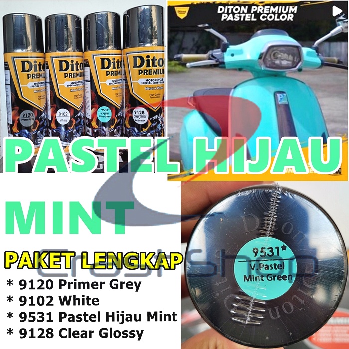Paket Lengkap Cat Pilox Diton Premium 9531 Warna Pastel Hijau min Mint Green 400cc Pylok Semprot Aer