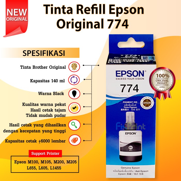 Tinta Refill Botol Epson Original 774 T774 T7741 Black, Printer M100 M200 M105 M205 L655