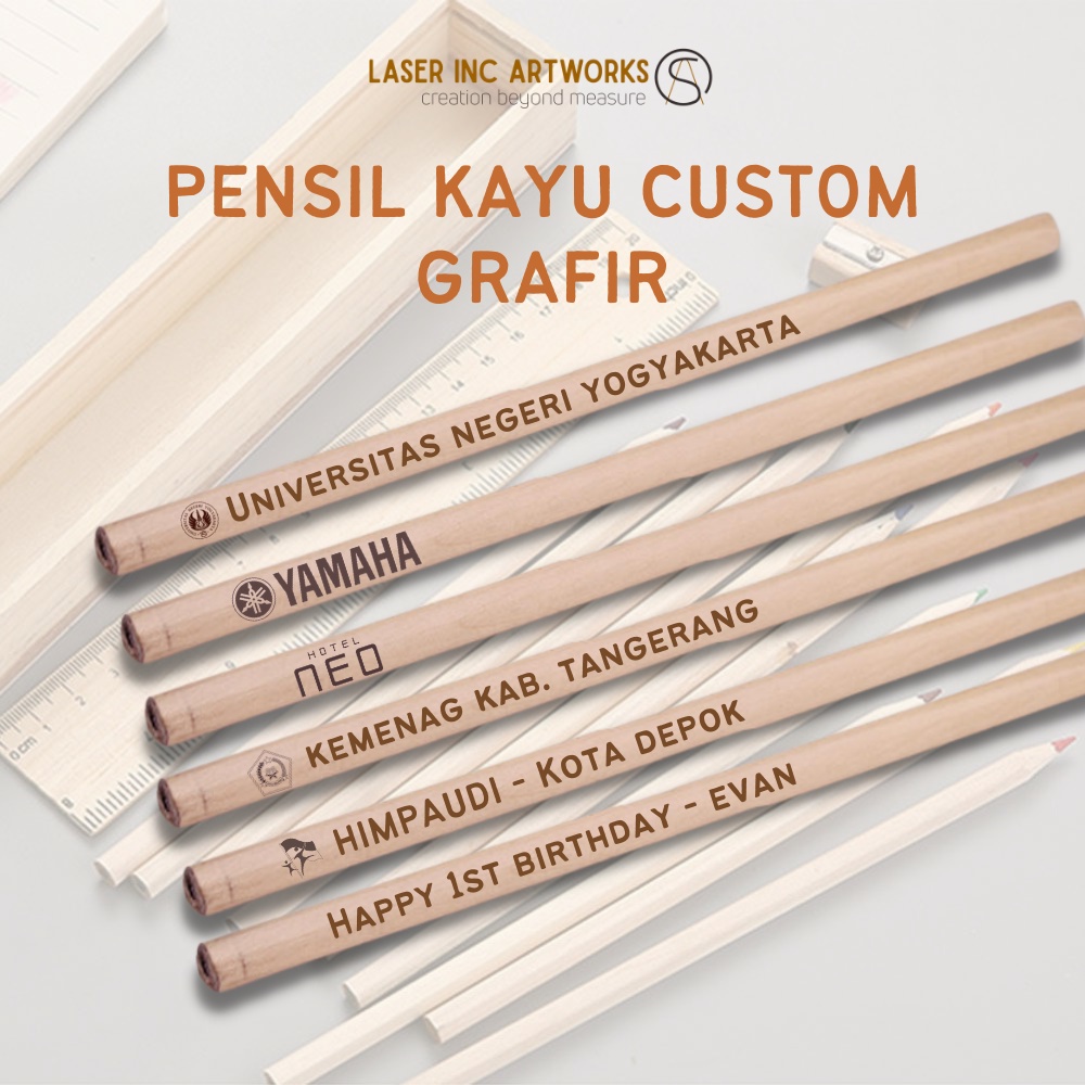 

Pensil Kayu Custom Nama Grafir Laser | FREE Custom Nama/Logo Perlusin Isi 12 pcs