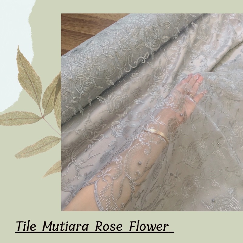 Brokat bahan Kebaya Tile Mutiara  Rose Flower Warna Silver