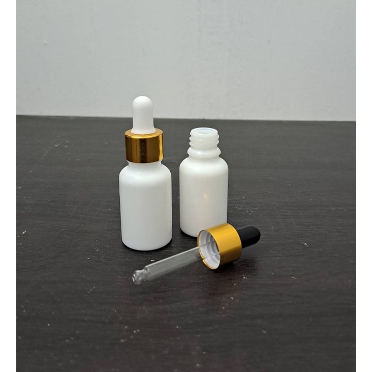 botol pipet kaca 15ml putih mutiara tebal ring almunium gold / botol serum 15ml