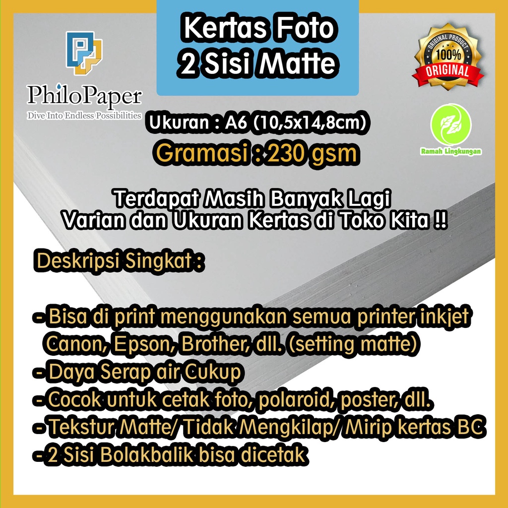 

Kertas Foto Doubleside Matte 230 Gsm A6