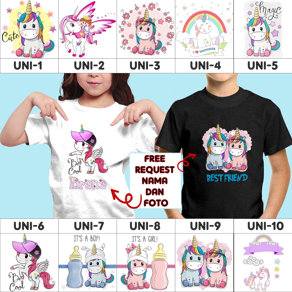 [ FREE NAMA ] Baju Kaos custom Anak Wanita dan Pria Motif Unicorn Kuda - Baju Kaos Ultah Satuan - Ba