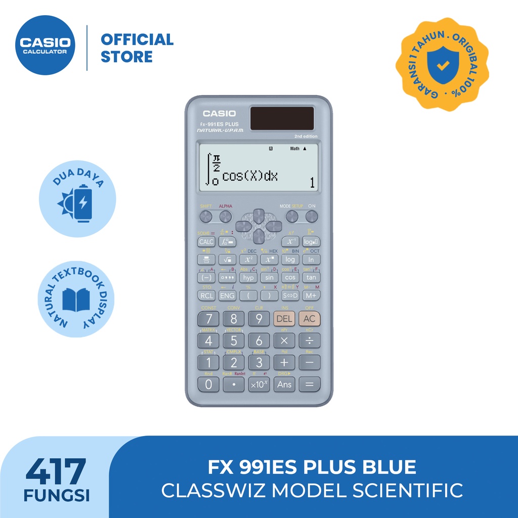 CASIO FX-991ES Plus2 - BLUE -  Kalkulator Sekolah/Kuliah - Scientific/Saintifik - 417 fungsi