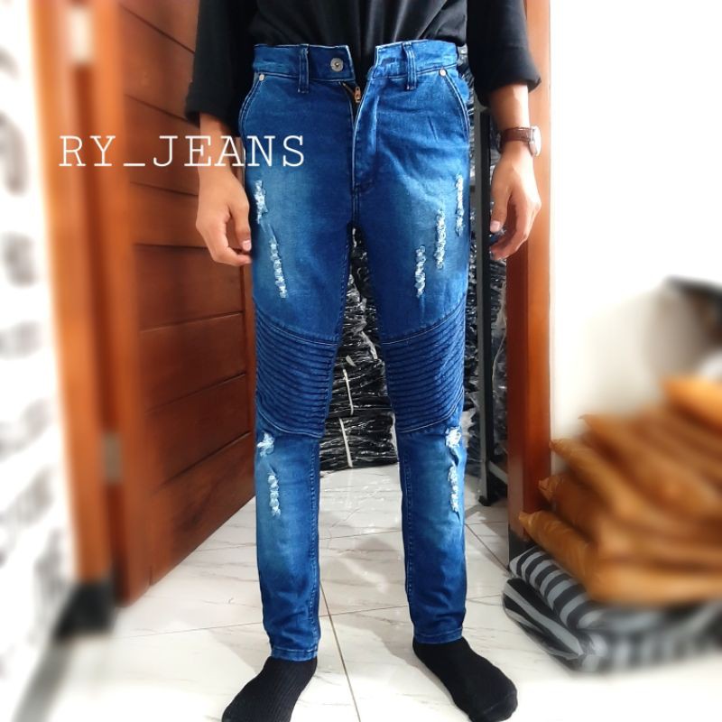 Celana jeans bikers sobek pria jeans panjang street melar