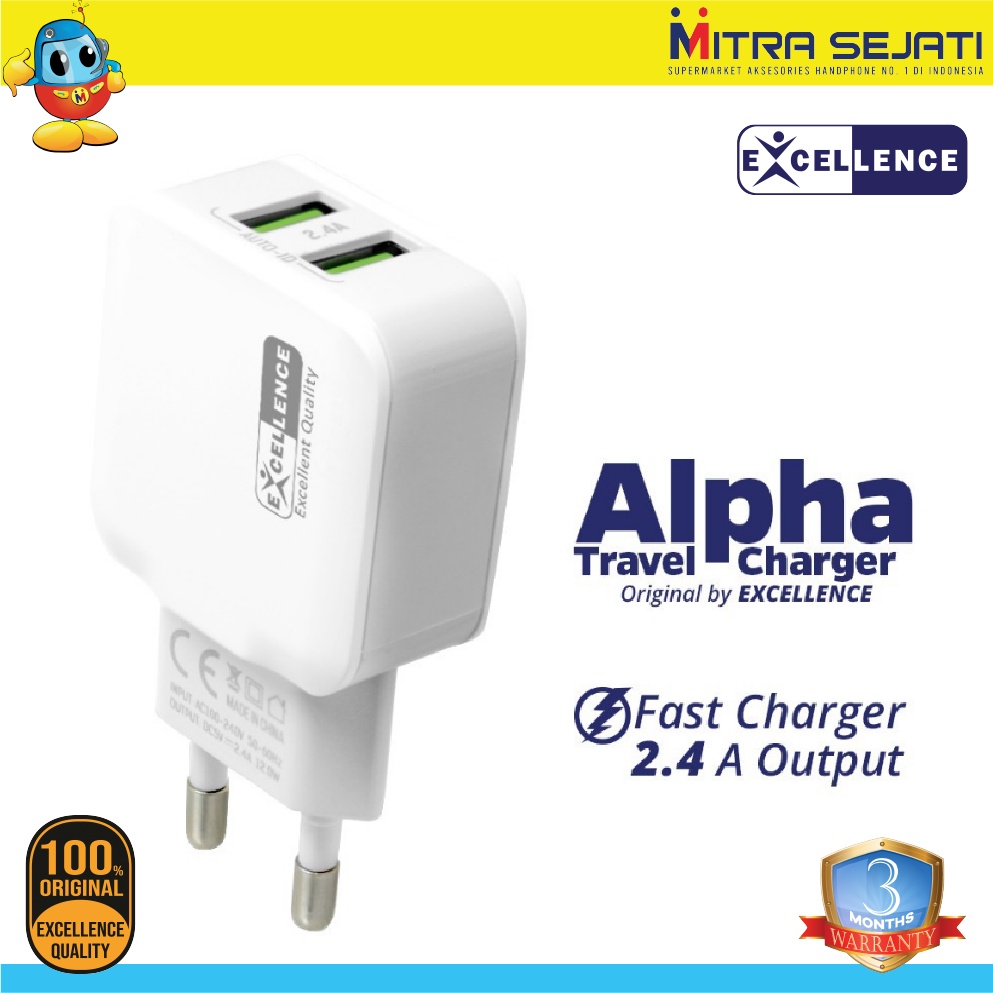 Travel Charger Handphone 2.4A Excellence Alpha untuk iPhone/Micro USB/Type-C