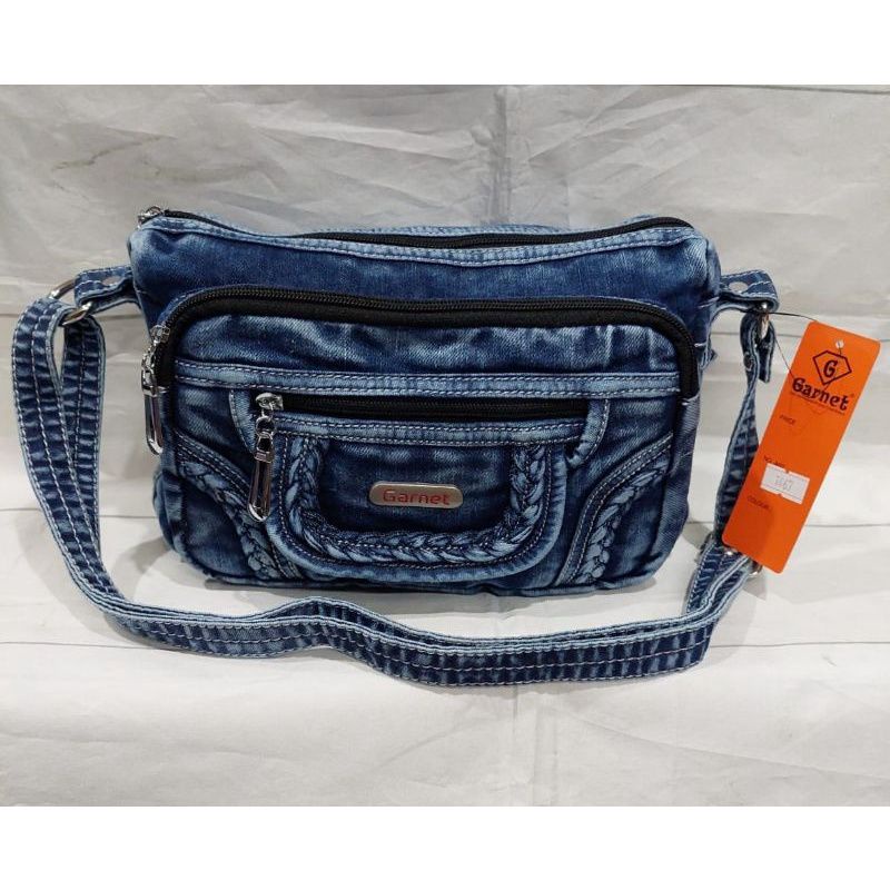 Tas selempang wanita bahan jeans denim garnet