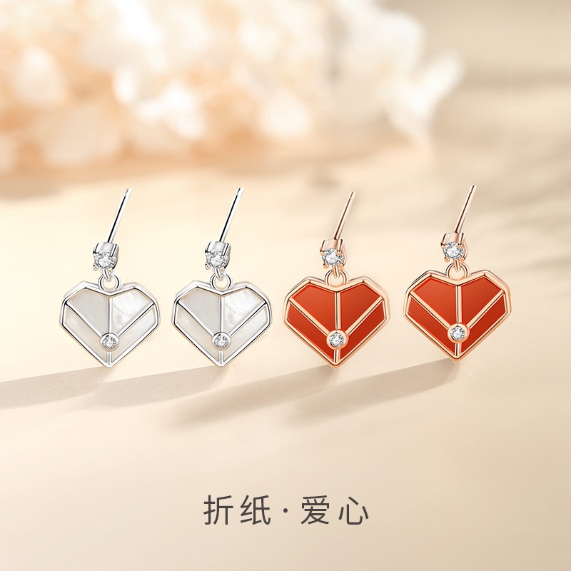 [925Perhiasan Perak] s925 Sterling Silver Cinta Hati Anting-Anting Perempuan Sederhana ins Rose Gold Merah Akik Peach Jantung Anting-Anting Influencer Anting Berkelas