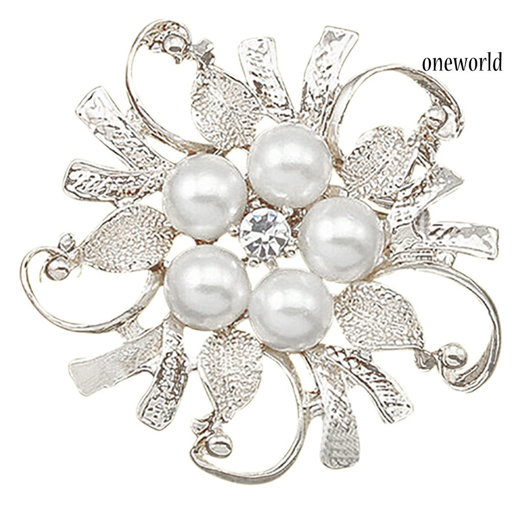 OW@ Women Breastpin Elegant No Deformation Flower Rhinestone Faux Pearl Brooch Pin for Party Dating