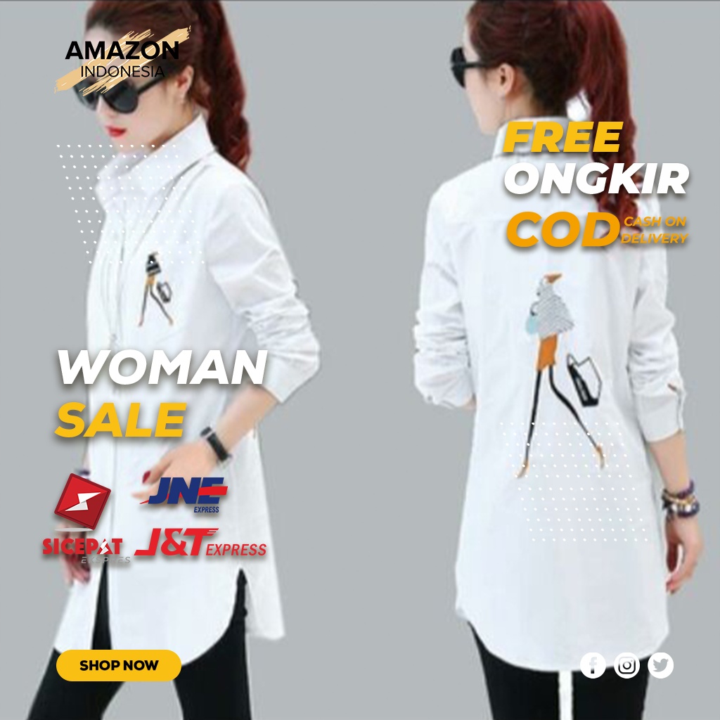 TUNIK KEMEJA PAKAIAN ATASAN WANITA LENGAN PANJANG STYLE CASUAL WARNA WHITE PUTIH BAHAN KAIN KATUN MOTIF BORDIR