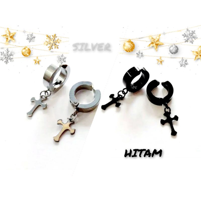 Anting salib jepit titanium pria wanita single/couple/pasangan terlaris