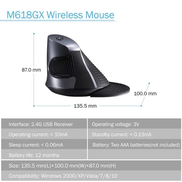 DELUX M618GX - 2.4G Wireless Vertical Mouse with Removable Palm Rest