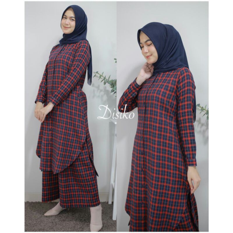 Maudy set by disiko MERAH KUNING setelan celana wanita katun flanel m l xl terbaru motif kotak murah
