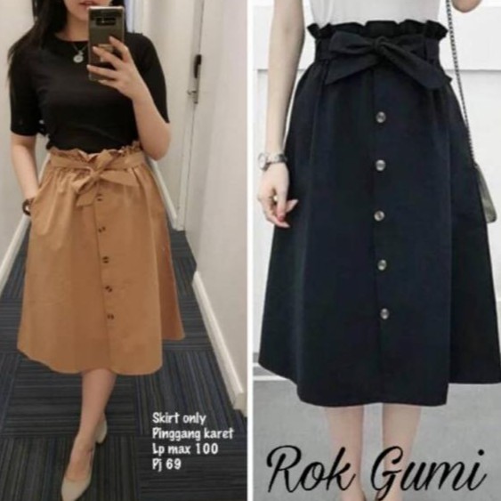 ROK MIDI SKIRT SELUTUT (FREE BELT) rok kancing depan bertali pinggang karet