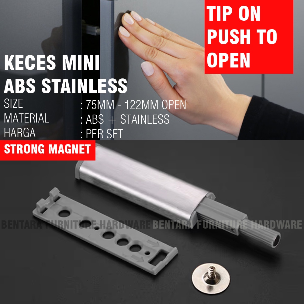 75MM KECES TIP-ON STAINLESS  PUSH OPEN HEAD MAGNET PANJANG PUSH TO OPEN DAMPER BUFFER PUSH OPEN MINI LATCH CATCH PINTU KABINET CUPBOARD