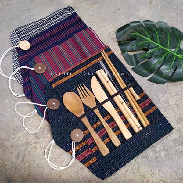 Cutlery Set Kayu Jati Pouch Kain Lurik Sekat/Alat Makan Kayu JAti/Alat Makan Set Kayu Jati/Cutlery S