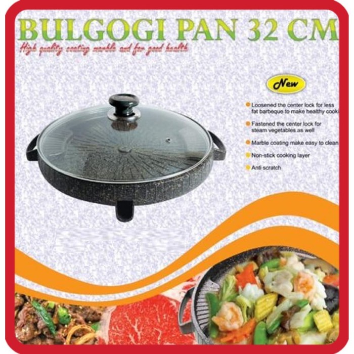 Bulgogi Pan 32cm Marble Grill BBQ Alat Panggangan + Tutup Kaca / Panggangan BBQ 32cm / Bulgogi Pan 32 cm dengan Tutup Kaca