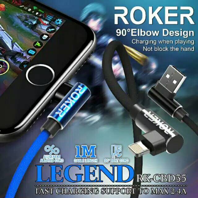 Kabel Gaming Roker MICRO/ANDROID/TYPE-C/IOS/Legend -Cable Charger Data Fast Speed 2.4A 90° Bent Cord