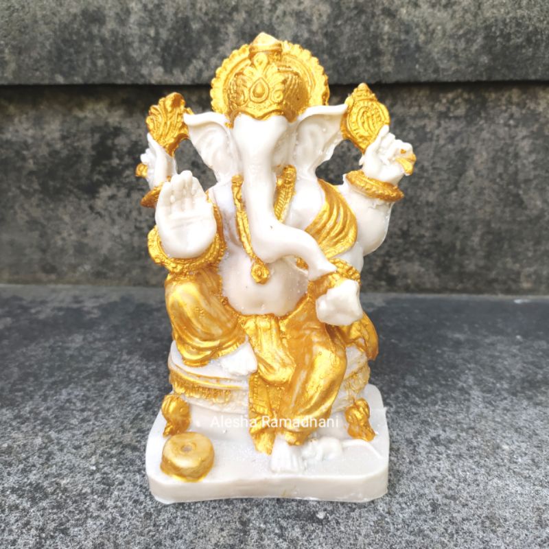 Patung Ornamen Dewa Ganesha Warna Putih Emas Size 15cm