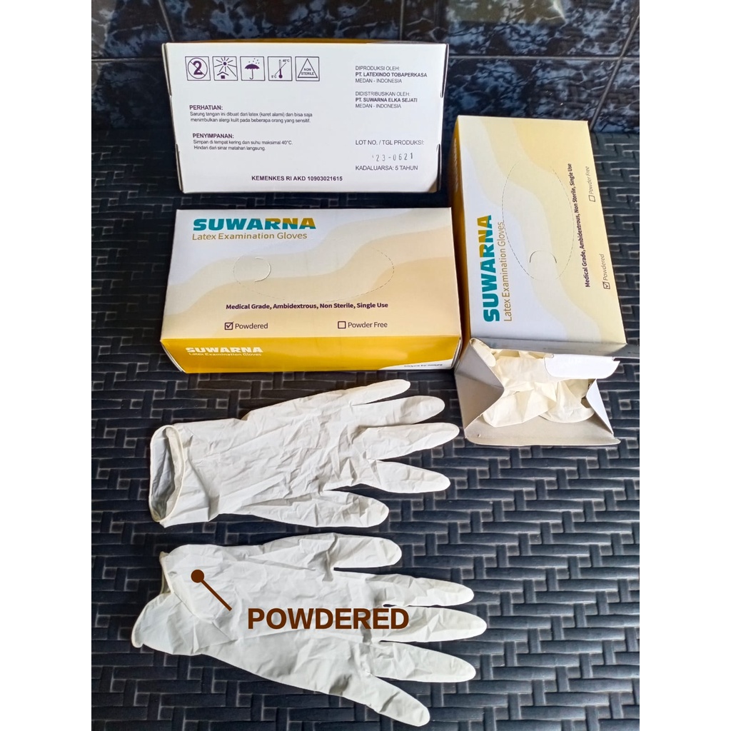 SARUNG TANGAN MEDIS KARET LATEX POWDERED DAN POWDER FREE SUWARNA ISI 100 PCS