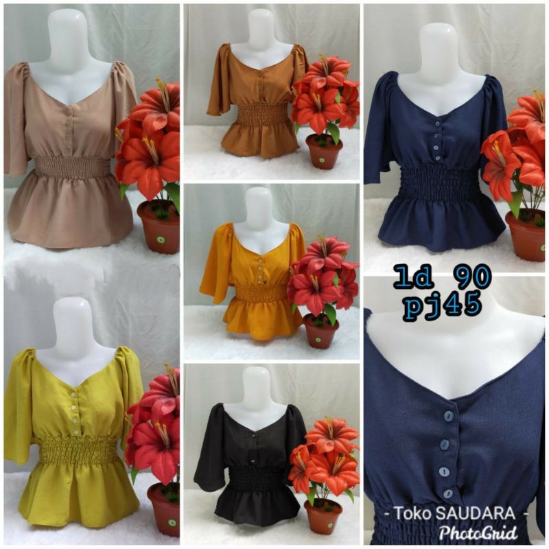 ilona blouse v kancing 3 kerut pinggang