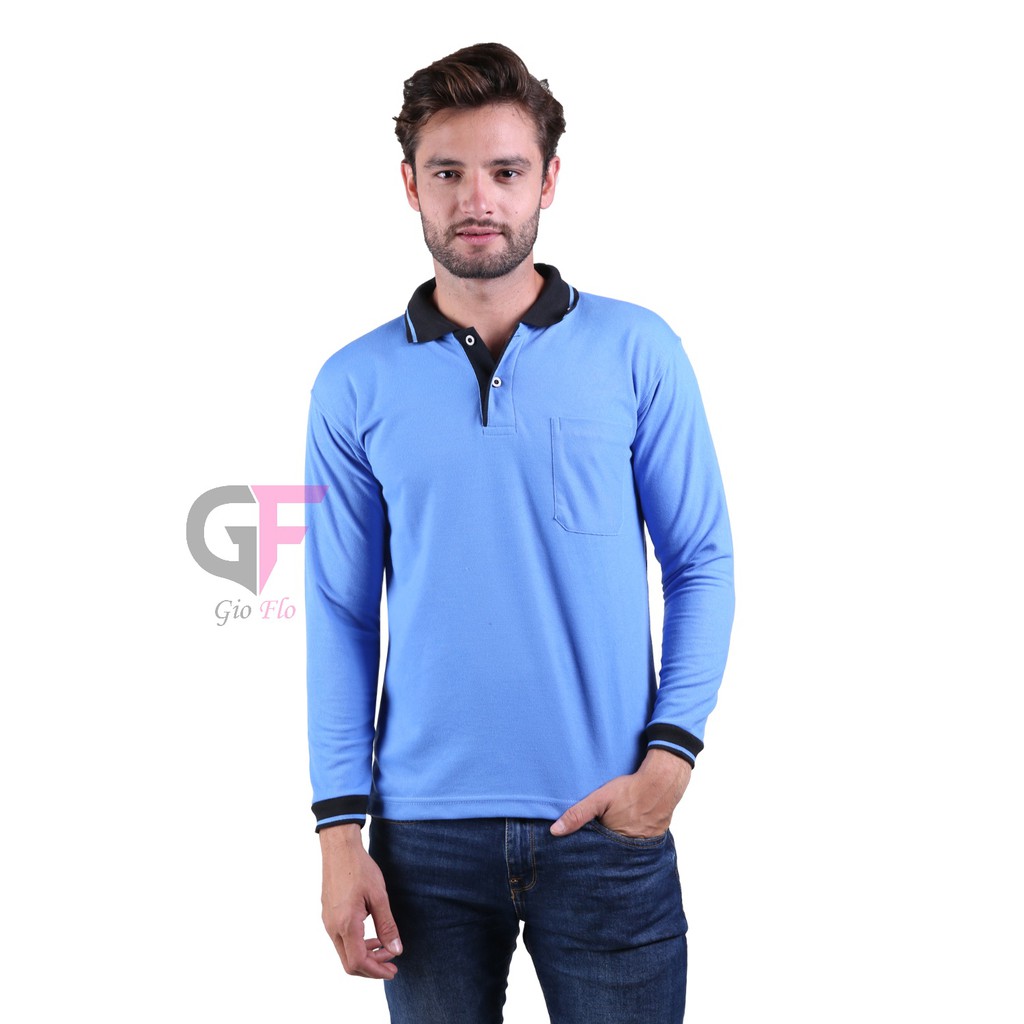 GIOFLO Kaos Casual Polos Berkerah Lengan Panjang Keren Biru Baby Tua / PLS 190