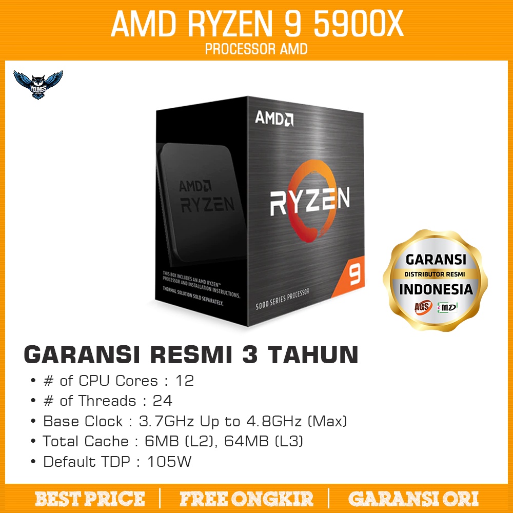 PROCESSOR AMD RYZEN 9 5900X 3.7GHz UpTo 4.8GHz AM4 12C 24T GARANSI 3 TAHUN