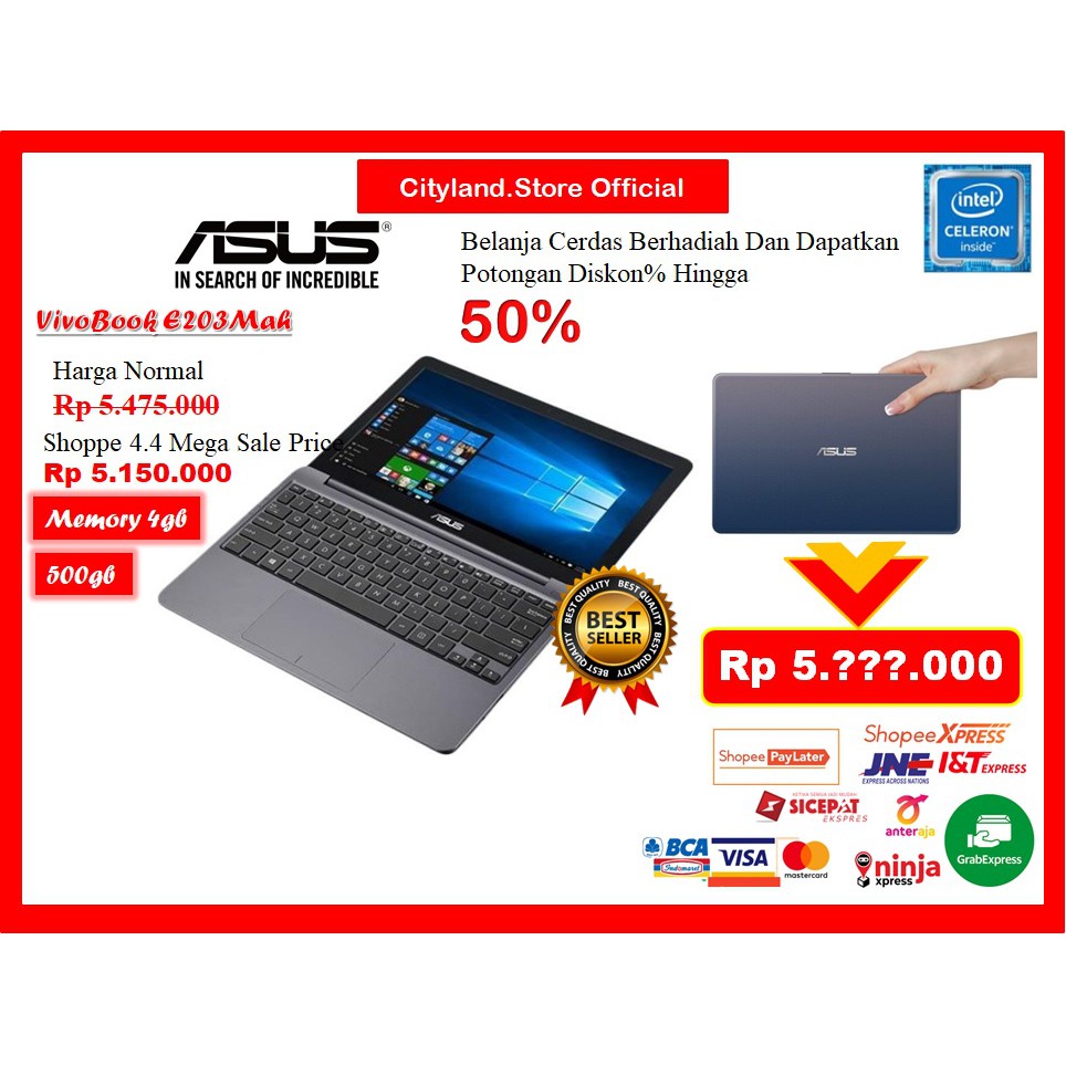 Notebook Asus VivoBook E203mah Intel Celeron N4000 Windows 10 Free Meja Portable-4gb Tnpa bns