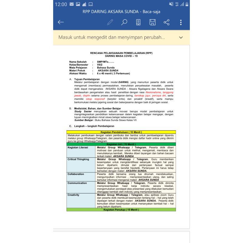 RPP 1 lembar (RPP daring. luring/Tata muka) SMP, MAPEL, bahasa sunda kls 7, 2semester