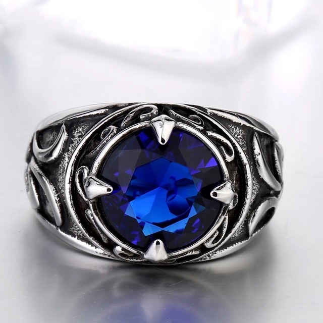 Cincin Pria King Safir Model Retro Blue Saphire Vintage Elegan Kantoran