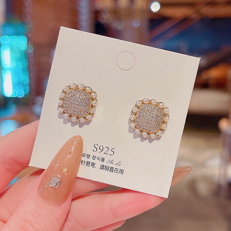 Shuling S925 Silver Needle Geometric Micro-inlaid Diamond Earrings Super Shining Stud Earrings Pearl Earrings Jewelry