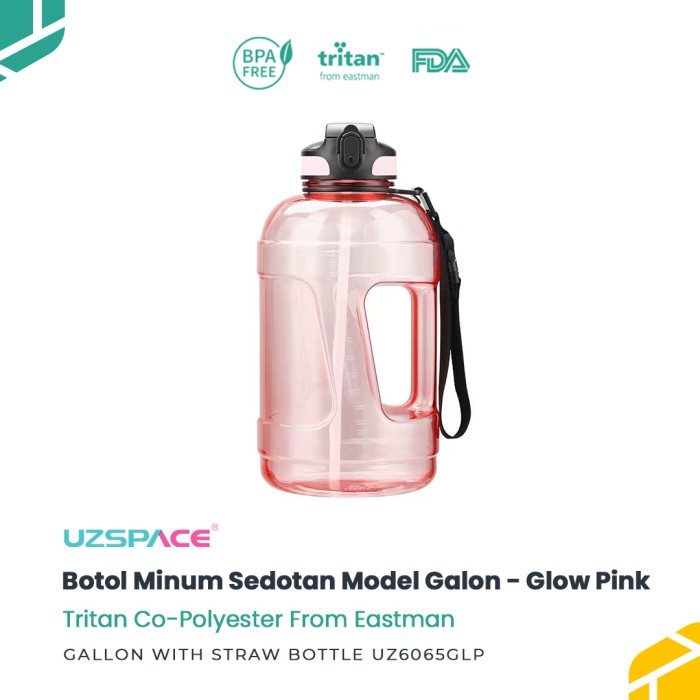 ZASKIA UZSPACE 6065 Botol Minum Sedotan Galon Straw Bottle 2.3 Liter Tritan - Glow Pink