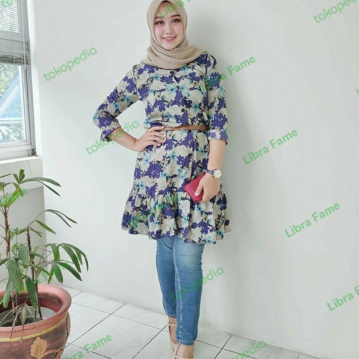 Tunik Wanita Rempel Bawah Motif Bunga - Biru