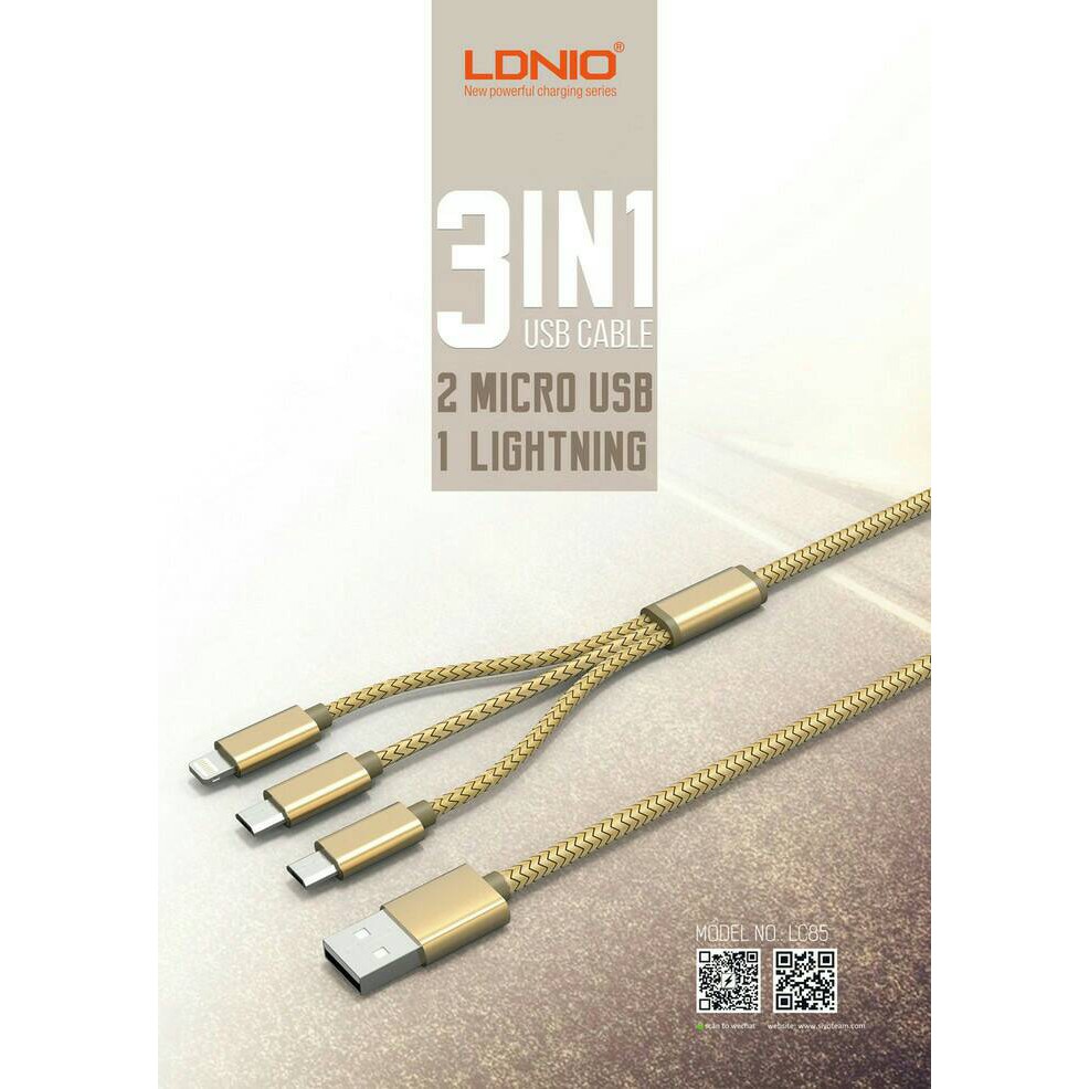 Kabel 3 cabang Charger 3 in 1 LDNIO 2 Micro Usb dan 1 Lightning kabel cas splitter