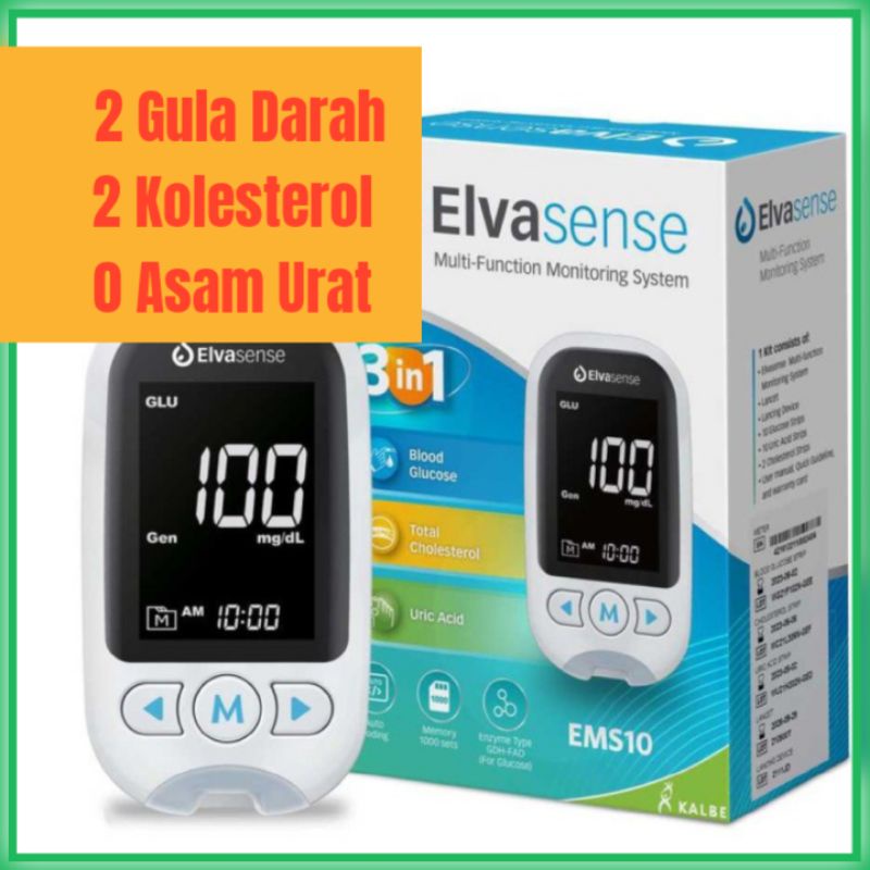 Paket Hemat Alat Cek 3in1 Kadar Gula Darah Asam Urat Kolesterol Elvasense 3in1 EMS10