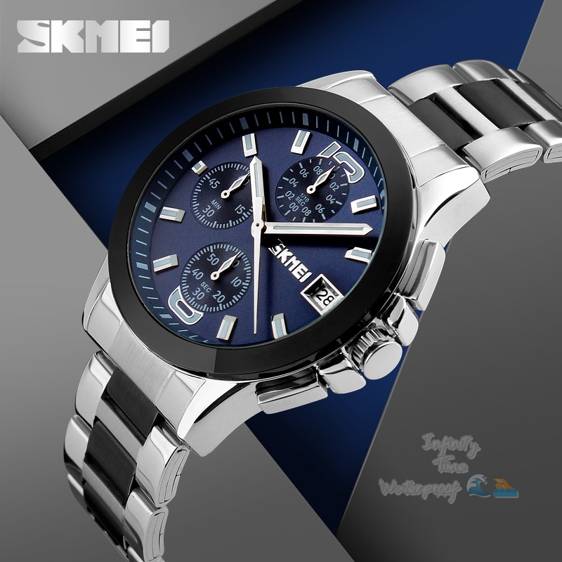 Jam Tangan Cowok Skmei 9126 Analog Rantai Stainless Kualitas Original Waterproof