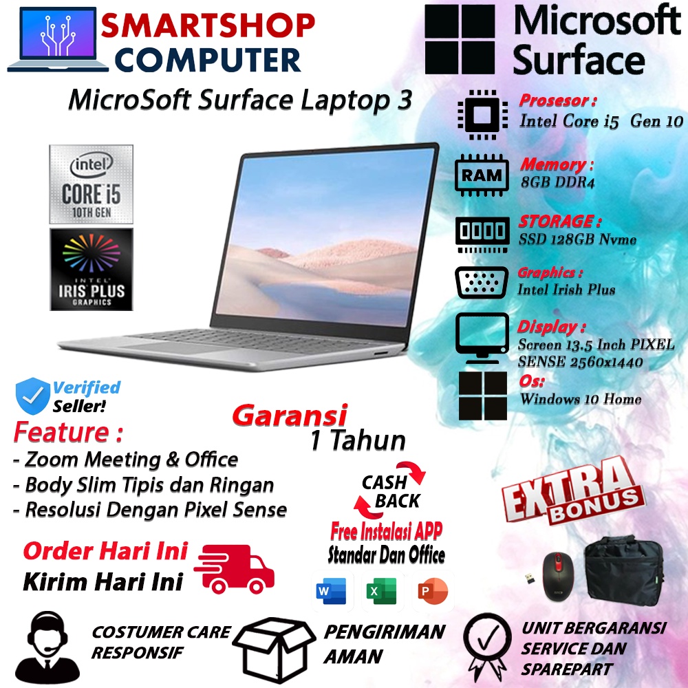 Microsoft Laptop 3 Intel i5 Gen 10 Ram 8GB 128GB 13.5 Pixel Sense  Touch Baklite Windows 10 Home