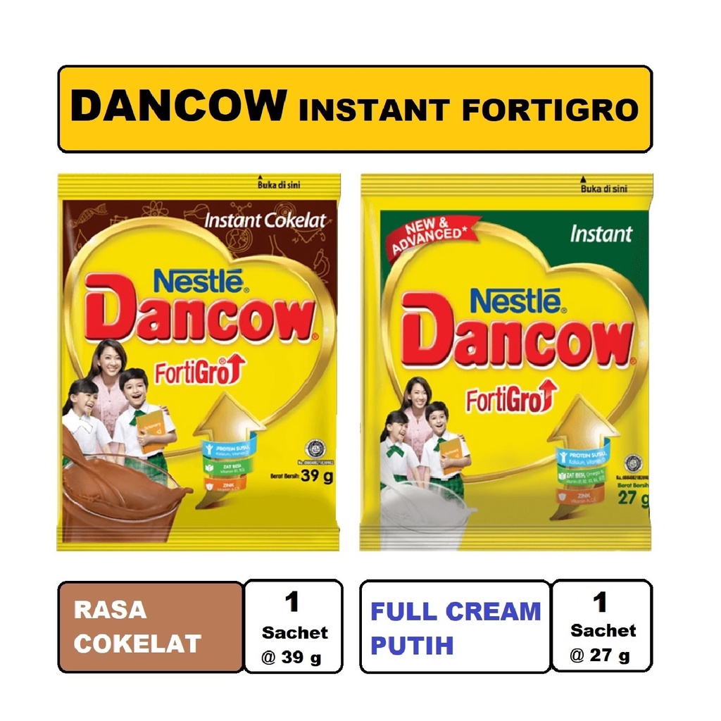 

DANCOW FORTIGRO INSTANT Susu Bubuk Instan Rasa Cokelat 39 gr / Putih 27 gr Per 1 Sachet