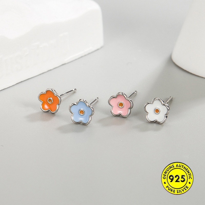 Anting Stud Sterling Silver Bentuk Bunga Kecil Warna Kontras Untuk Wanita