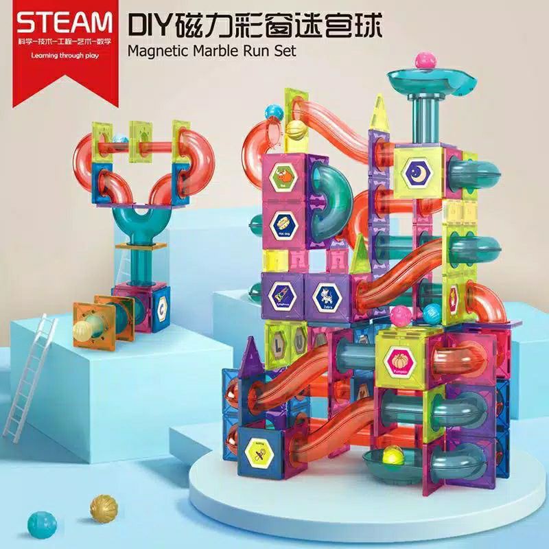 MAINAN EDUKASI MAGWORLD MAGNET MAGNETILES + MARBLE RUN SET 77 PCS