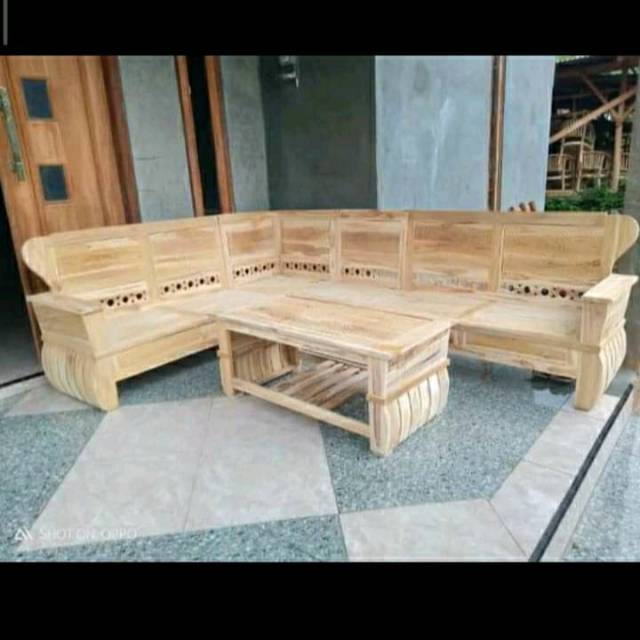 KURSI TAMU SUDUT MINIMALIS KAYU JATI MENTAH