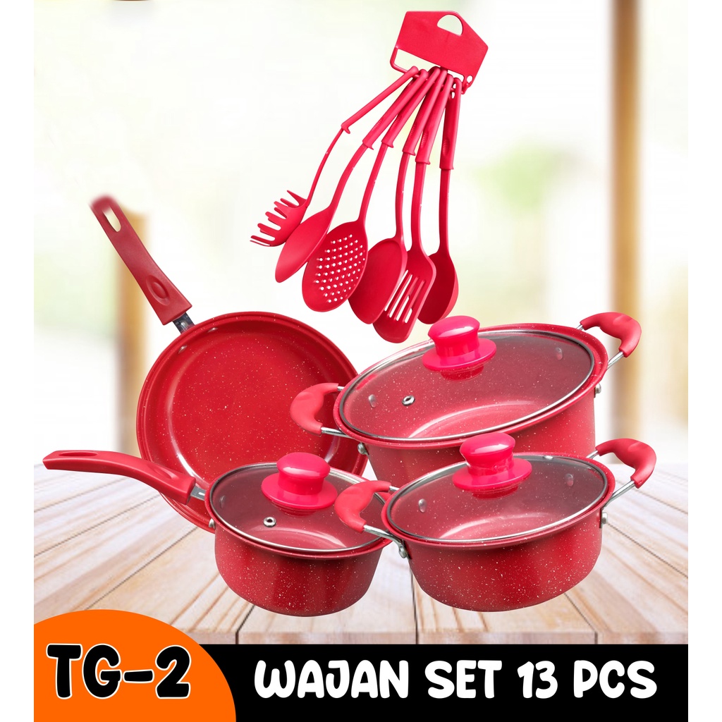 Panci Set Teflon Marble 13 Pcs Berwarna Cookware Set Tutup Kaca Free Spatula 6 Pcs Plastik