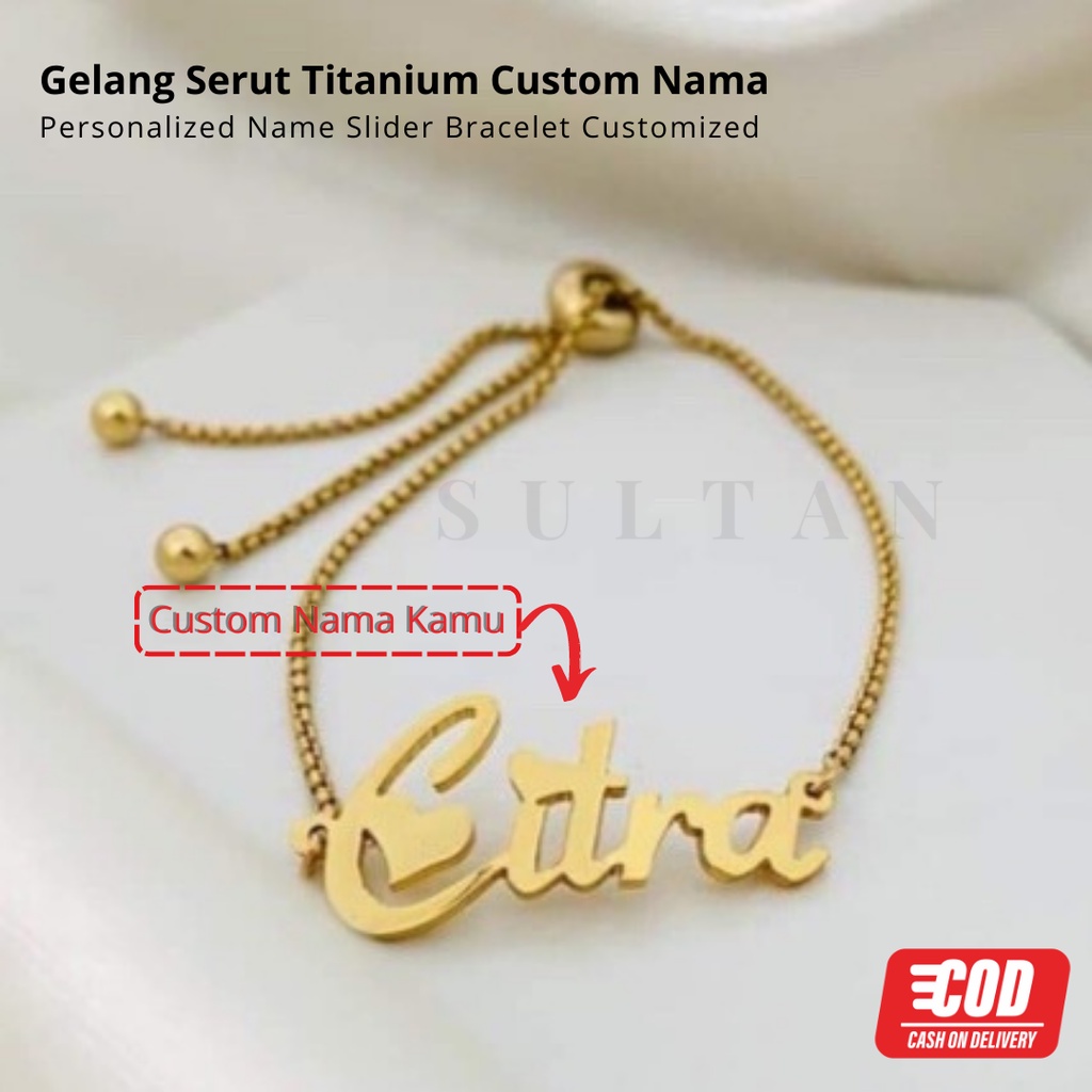 Gelang Serut Custom Nama Titanium Anti Karat Aksesoris Fashion Gelang Tangan Wanita Personalized Name Slider Adjustable Bracelet Customized