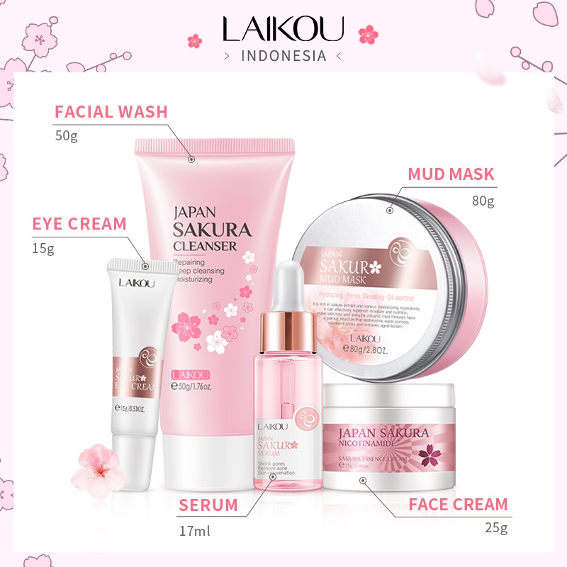 LAIKOU Jepang Sakura Busa Pembersih Cerah Serum Lumpur Masker Peremajaan Perawatan Kulit Set