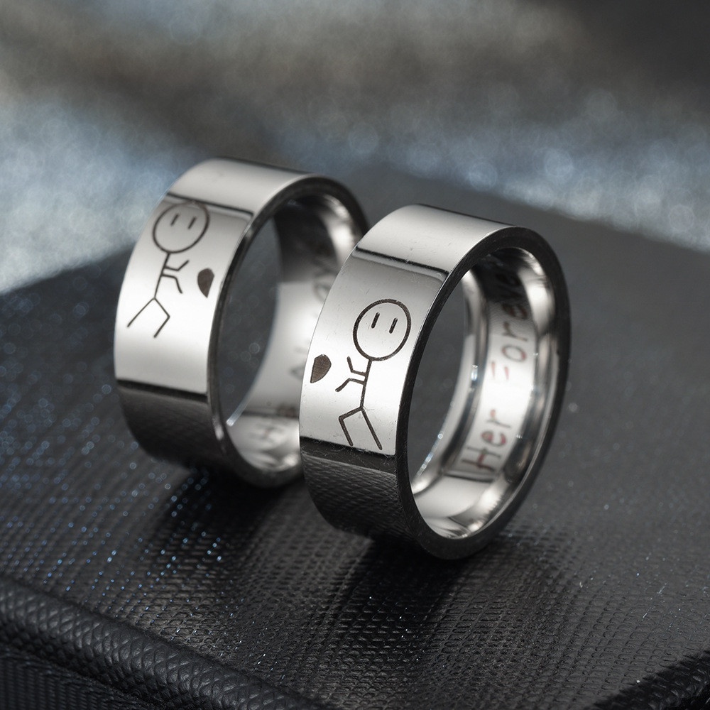 1pc Cincin Pasangan Bahan Titanium Steel Warna Silver Hitam Untuk Pria / Wanita