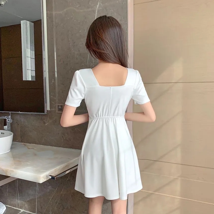 Korean Short Sleeve Square Neck Mini Dress Wanita Lengan Pendek 1405 (S/M/L/XL)