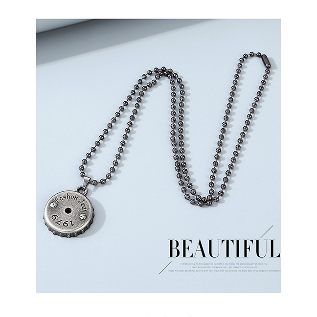 LRC Kalung Fashion Black Bottle Cap Letter Round Bead Chain Alloy Mens Necklace Y64604